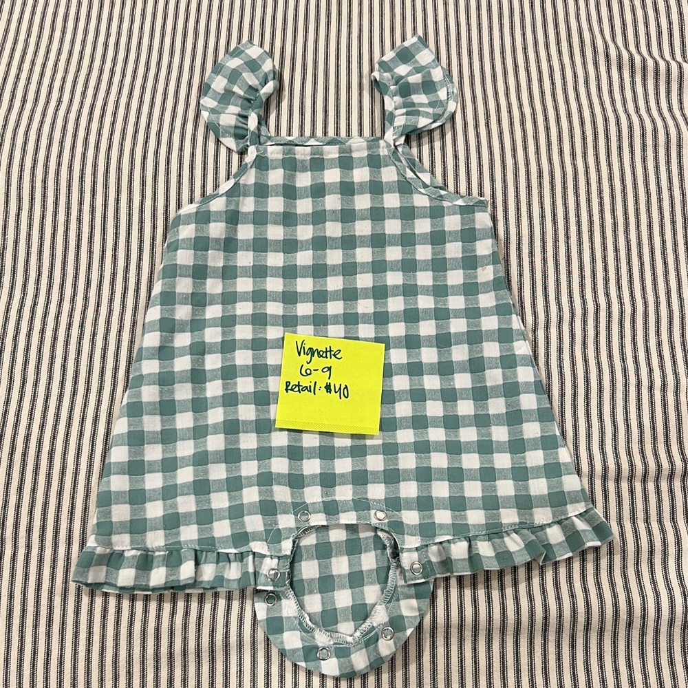 Vignette Green Gingham Baby Romper with Ruffle Hem and Straps